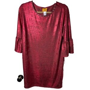 Ruby‎ Road Red Sparkle Dress L NWT Bell Sleeve Studded Party Cocktail Chic